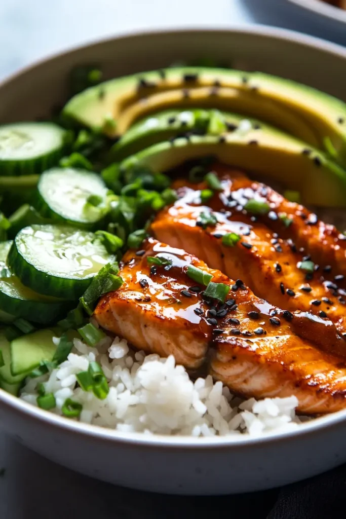 Close-up of sticky honey glazed salmon over rice with fresh vegetables and spicy mayo