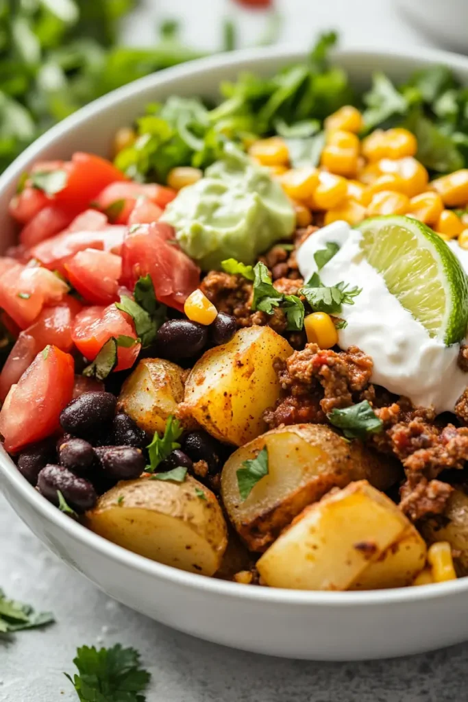 Loaded Potato Taco Bowl Meal Prep 2 Close-up of a loaded potato taco bowl with golden potatoes, taco meat, cheese, tomatoes, lettuce, and creamy topping.