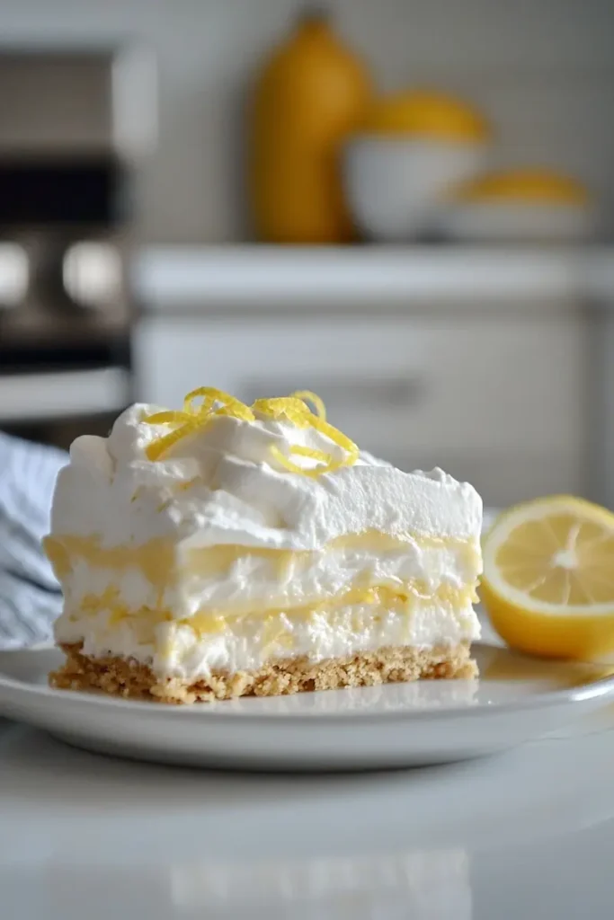 Close-up slice of lemon icebox dessert showing creamy lemon layers and soft graham crackers