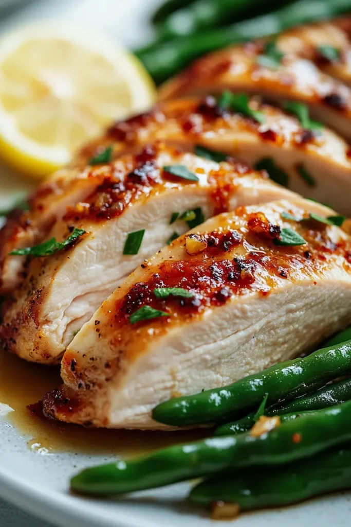 Close Up of Juicy Chicken and Green Beans