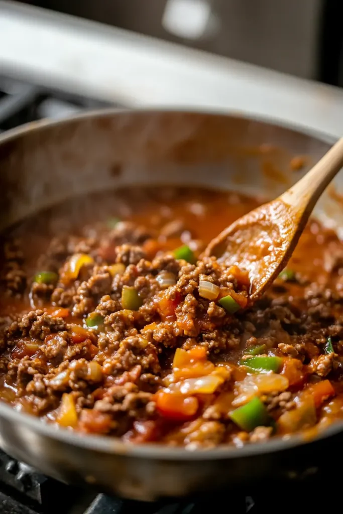 Ground beef sausage onion and peppers cooking in a skillet for dirty spaghetti