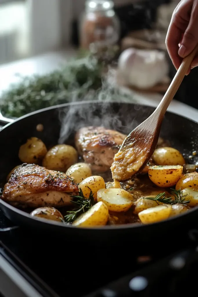 Chicken and potatoes cooking in a skillet with garlic butter