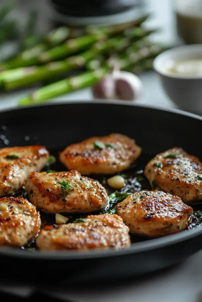 Chicken searing in a skillet with asparagus nearby during recipe preparation