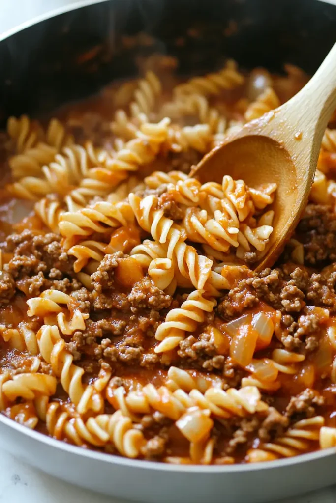 Ground beef pasta simmering in a skillet during preparation