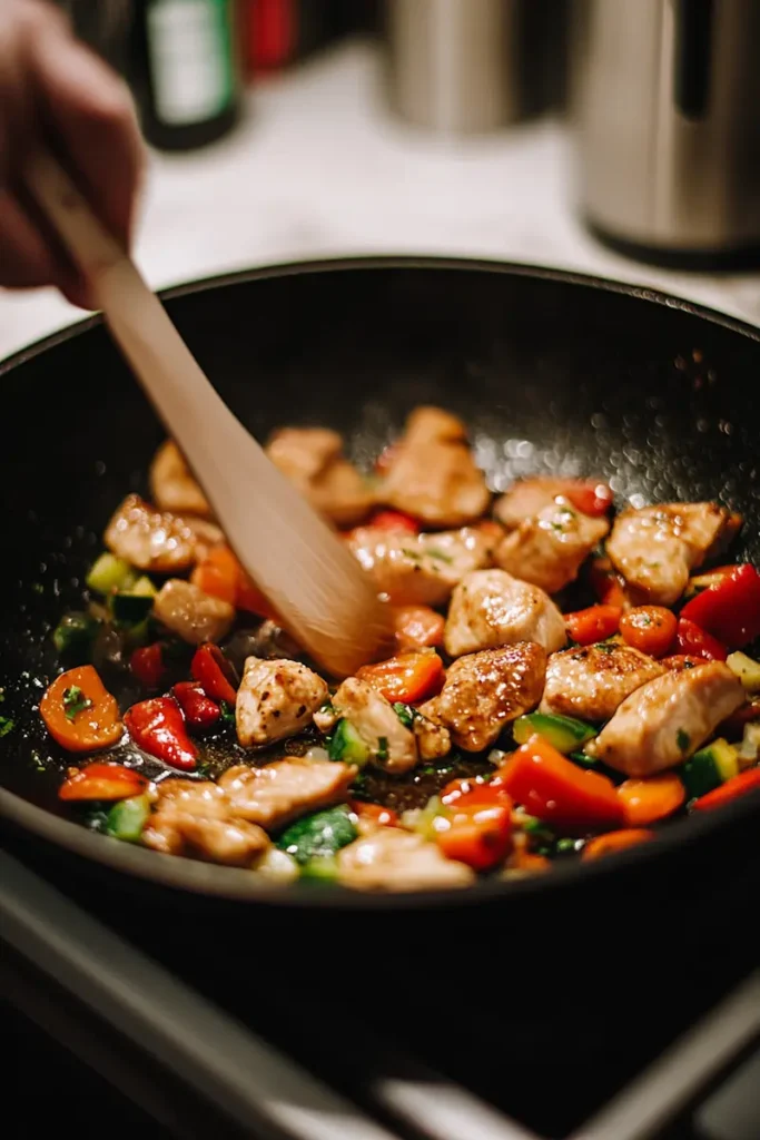 Chicken and vegetables cooking in a skillet under soft evening kitchen lighting