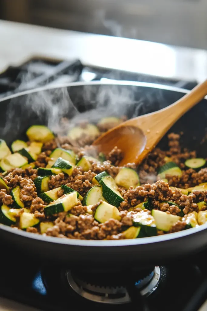 Ground beef and zucchini cooking together in a skillet on the stove