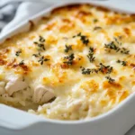 Chicken Rice Casserole Creamy chicken rice casserole baked until golden in a white ceramic dish
