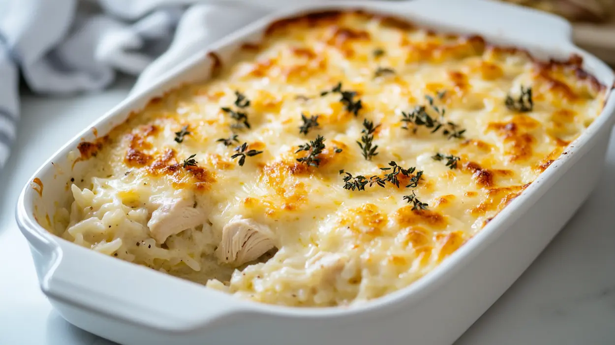 Creamy chicken rice casserole baked until golden in a white ceramic dish