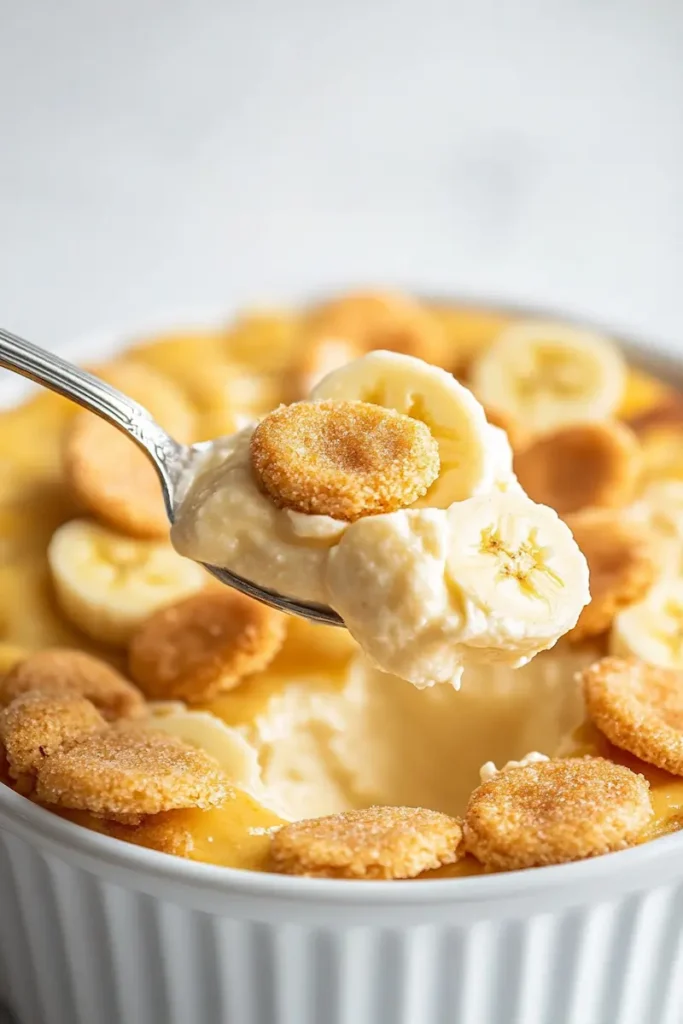 Close-up spoonful of creamy banana pudding with vanilla wafers and banana slices