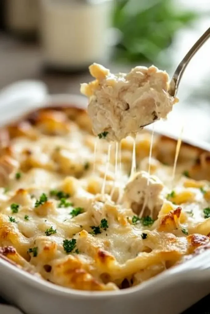 Close-up of cheesy chicken Alfredo pasta bake with creamy sauce and melted cheese