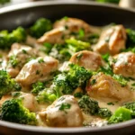 Creamy chicken broccoli skillet served in a pan with garlic cream sauce and fresh parsley