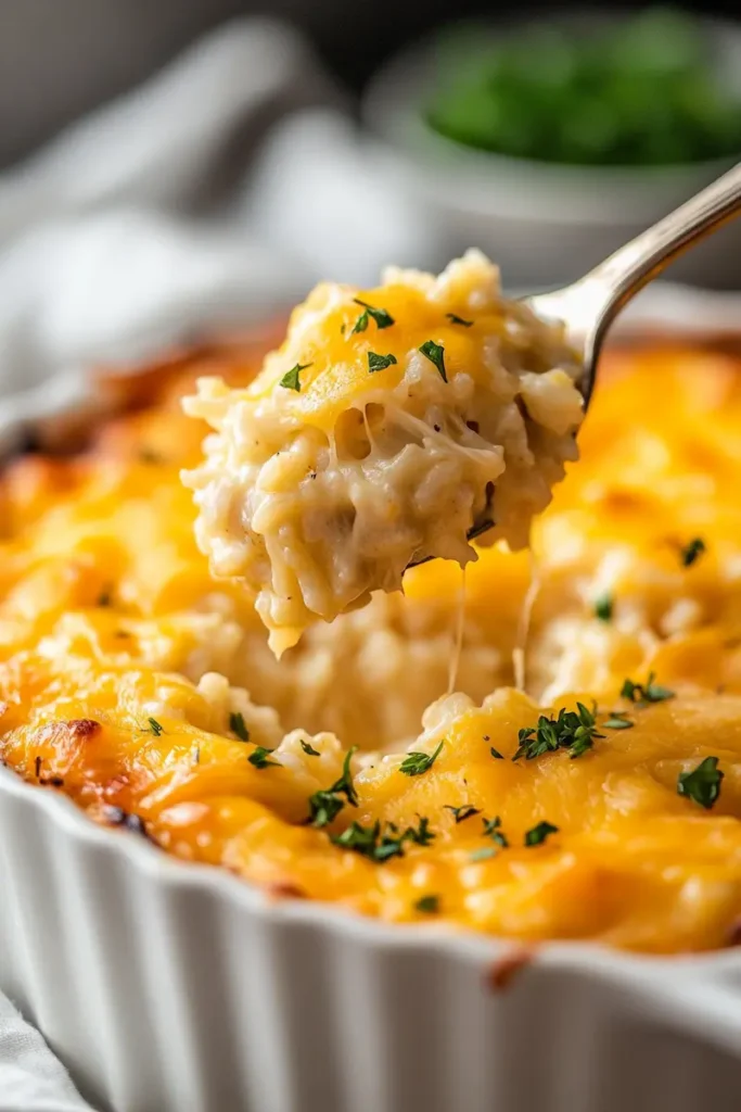 Close-up spoonful of creamy chicken rice casserole with tender chicken and melted cheese