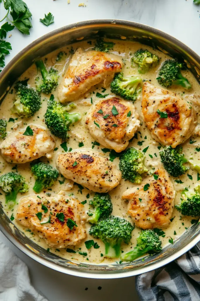 Close-up of creamy chicken and broccoli in a skillet with rich garlic sauce