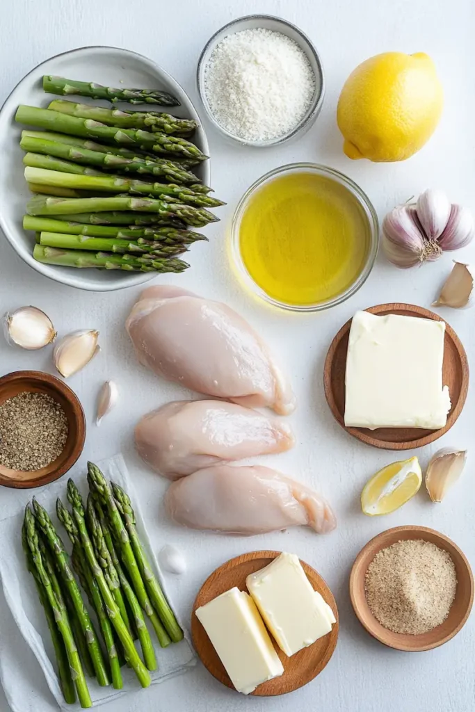 Ingredients for creamy garlic chicken and asparagus arranged on a white counter
