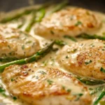 Creamy garlic chicken and asparagus in a skillet with a rich sauce