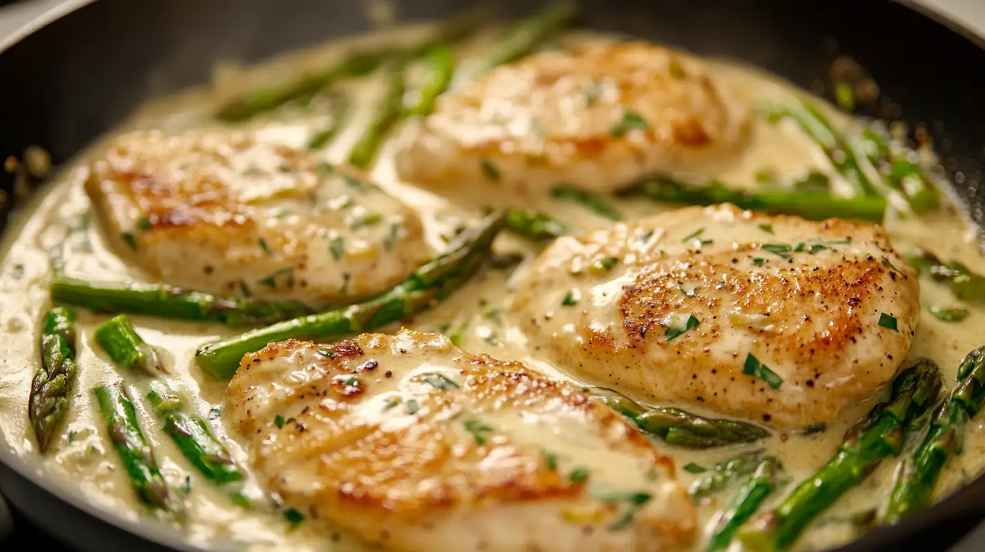 Creamy garlic chicken and asparagus in a skillet with a rich sauce