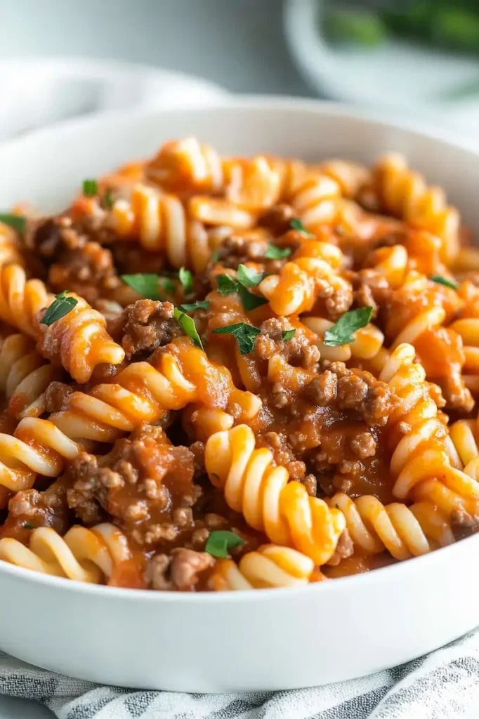Close-up of cheesy creamy ground beef pasta with sauce clinging to shells