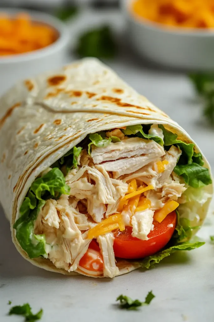 Close-up of a creamy rotisserie chicken wrap with crisp lettuce and cheese