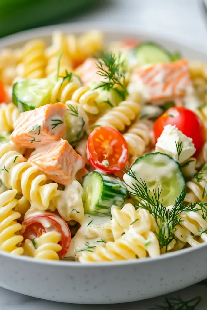 Salmon Pasta Salad with Extra Protein 2 Close-up of creamy salmon pasta salad with tender salmon, pasta, herbs, and lemon.