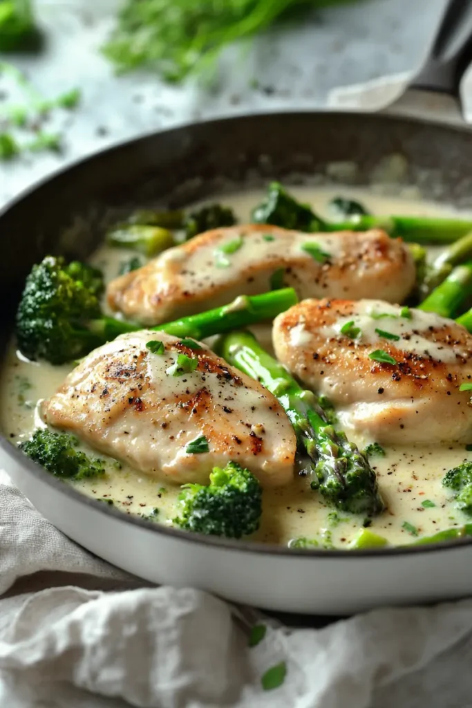 Creamy skillet dinner with chicken, asparagus, and broccoli in a cozy night kitchen