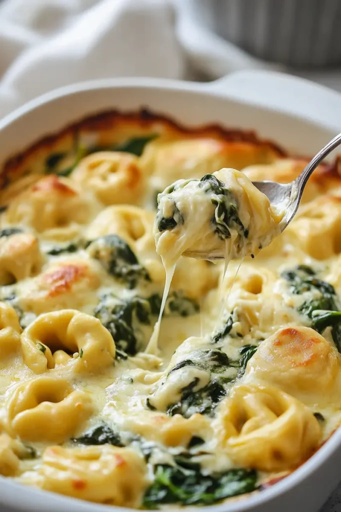 Close-up of creamy spinach tortellini with melted cheese and silky sauce