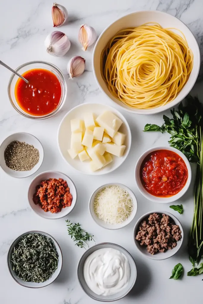 Ingredients for dirty spaghetti arranged neatly on a white kitchen counter