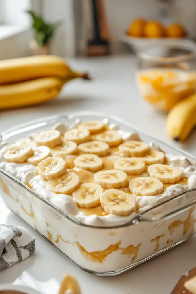 A classic easy banana pudding with creamy layers and banana slices in a cozy nighttime kitchen setting.