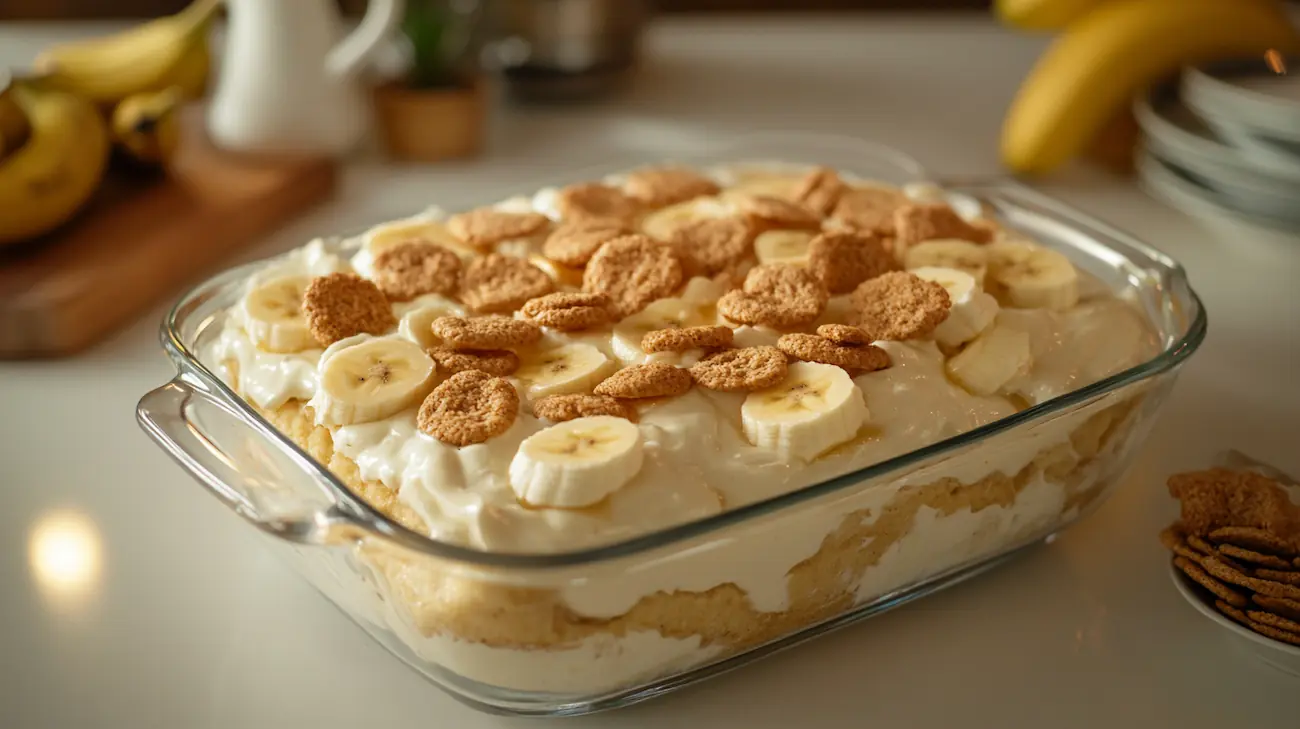 Creamy easy banana pudding layered with vanilla wafers and fresh bananas in a glass baking dish