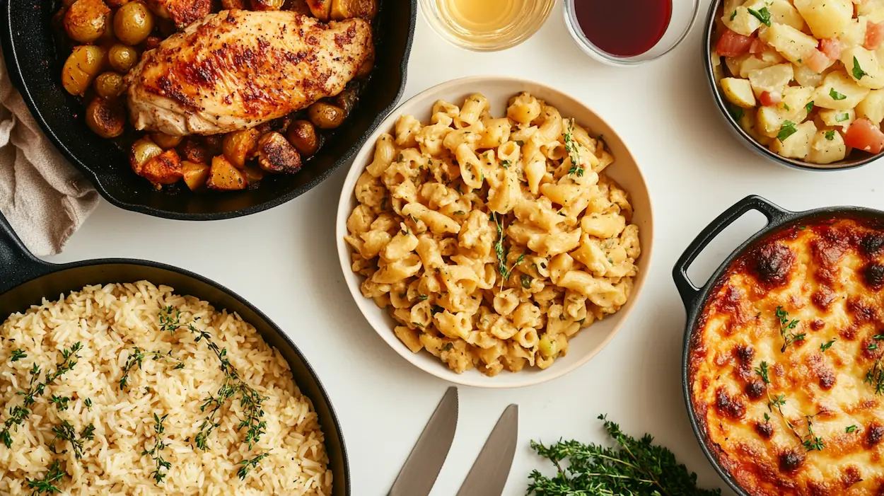 Easy dinner recipes including skillet chicken, pasta bake, rice bowl, and one-pan chicken and potatoes
