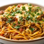 A bowl of creamy dirty spaghetti with ground beef and sausage on a white kitchen counter at night