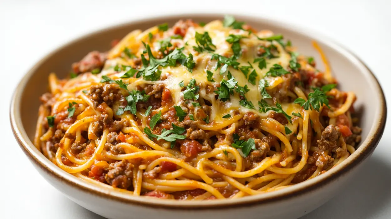 A bowl of creamy dirty spaghetti with ground beef and sausage on a white kitchen counter at night