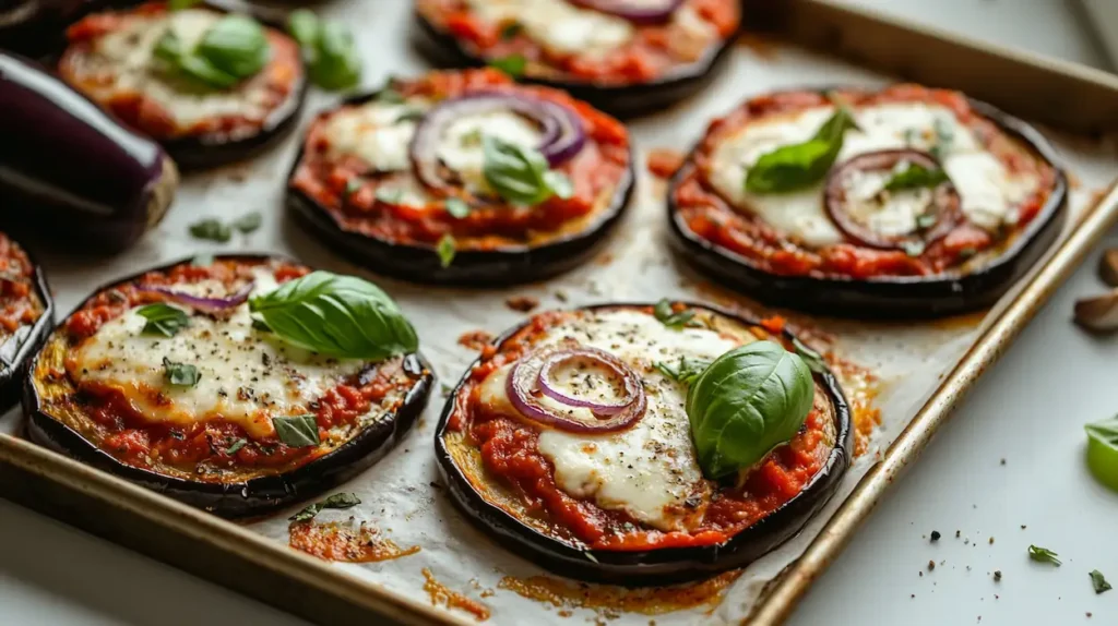 Easy Eggplant Pizza Recipe (Low Carb and Cozy) 1 Baked eggplant pizza slices topped with marinara, melted cheese, and fresh basil on a serving platter.