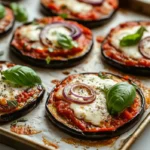 Baked eggplant pizza slices topped with marinara, melted cheese, and fresh basil on a serving platter.