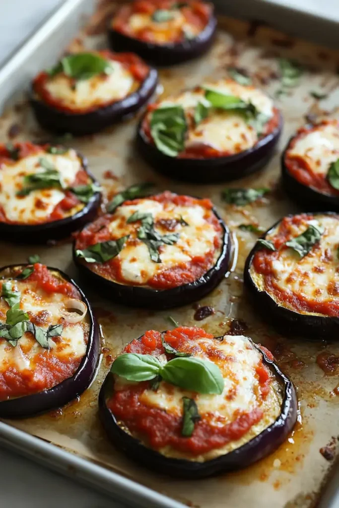 Easy Eggplant Pizza Recipe (Low Carb and Cozy) 2 Vertical image of cheesy baked eggplant pizza slices with marinara and basil styled for Pinterest.