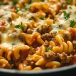 reamy ground beef pasta in a skillet on a white kitchen counter at night