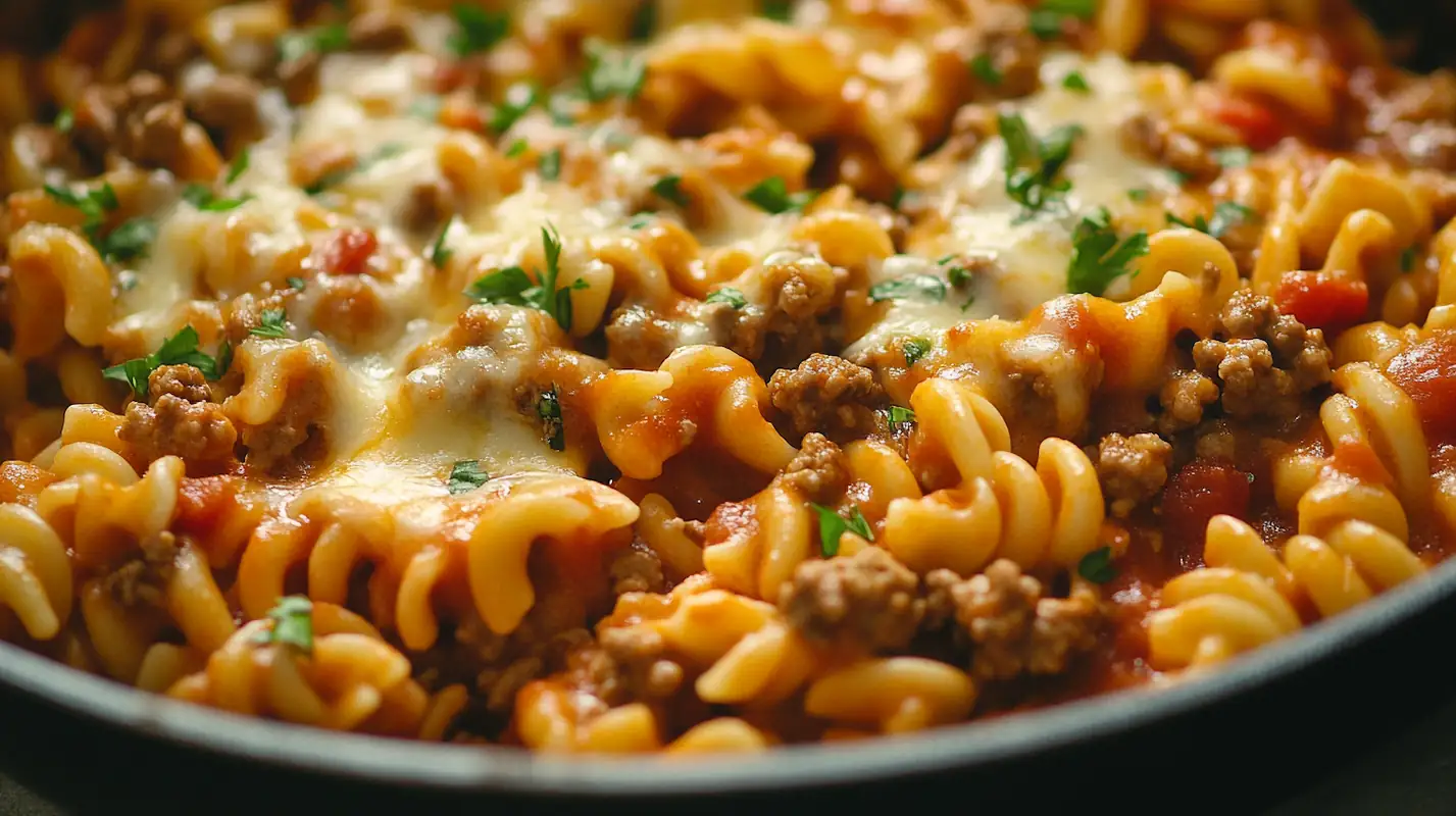 reamy ground beef pasta in a skillet on a white kitchen counter at night