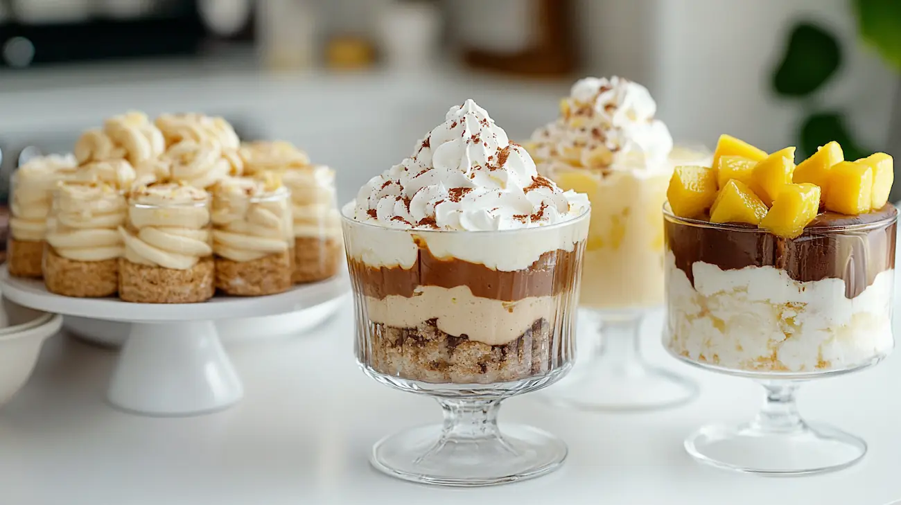 A cozy nighttime dessert spread featuring easy no-bake desserts including banana pudding, lemon icebox dessert, chocolate eclair dessert, and mango coconut pudding cups on a white kitchen counter.
