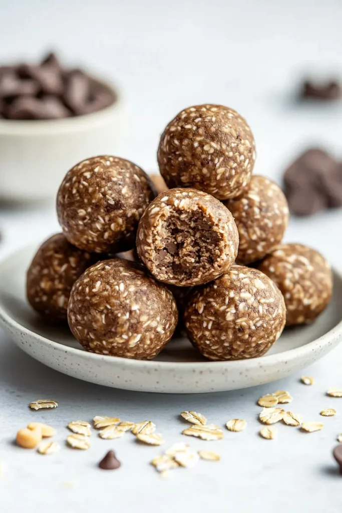 Close-up of easy no-bake protein balls for kids showing the soft chewy texture in a modern American kitchen.