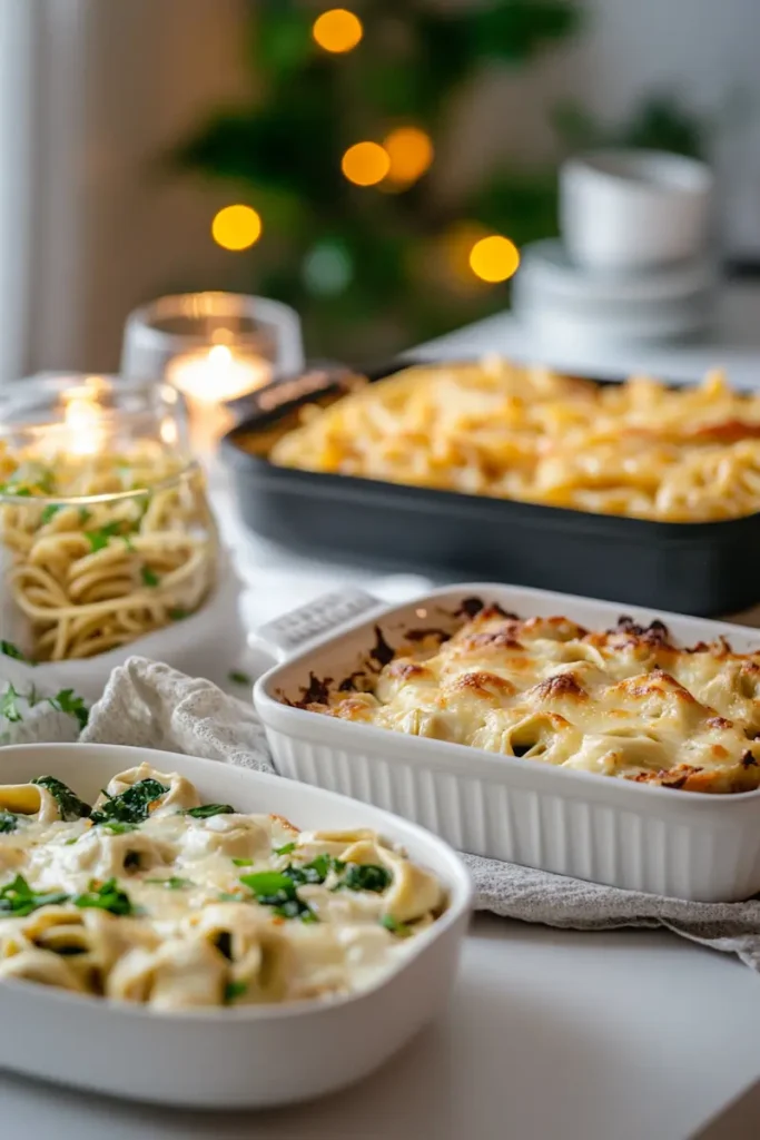 Easy pasta dinners including cheesy tortellini, Alfredo bake, and spaghetti in a cozy kitchen