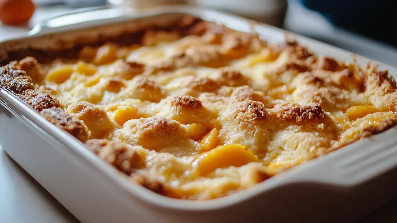 Warm peach cobbler with cake mix in a baking dish on a white kitchen counter
