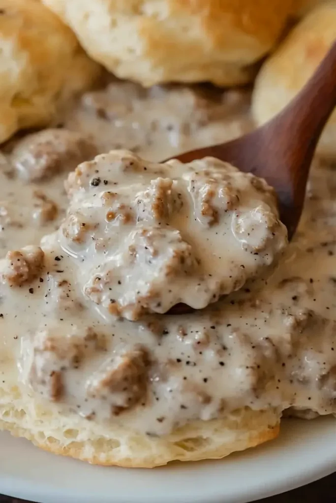 Sausage Gravy Recipe for Soft, Cozy Mornings 2 Labeled ingredients for homemade sausage gravy arranged on a white kitchen counter, including breakfast sausage, flour, whole milk, black pepper, salt, garlic powder, and butter.