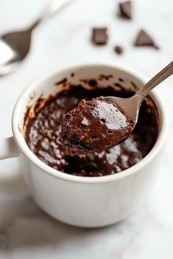 Chocolate Mug Cake Without Eggs 2 Close-up of a soft and moist eggless chocolate mug cake with a spoonful lifted out
