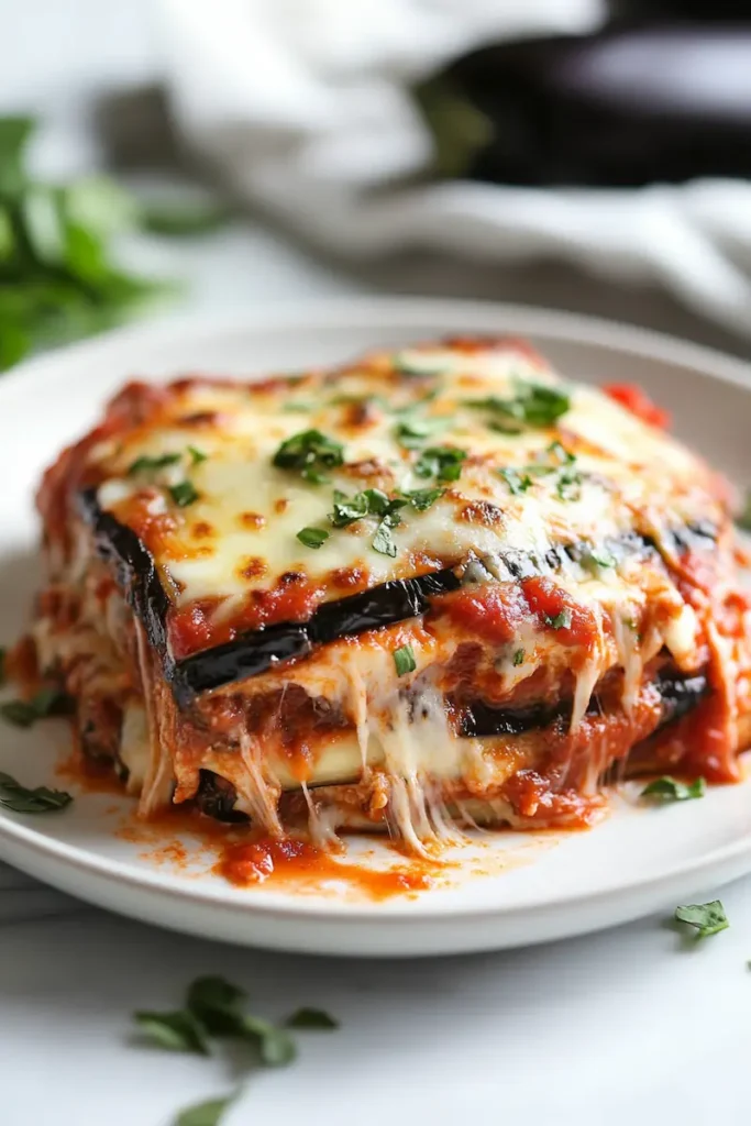 close-up of cheesy easy eggplant parmesan casserole served warm