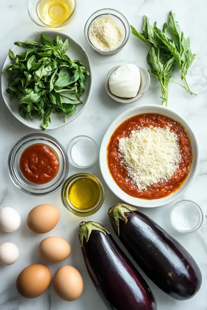 ingredients for easy eggplant parmesan casserole arranged neatly