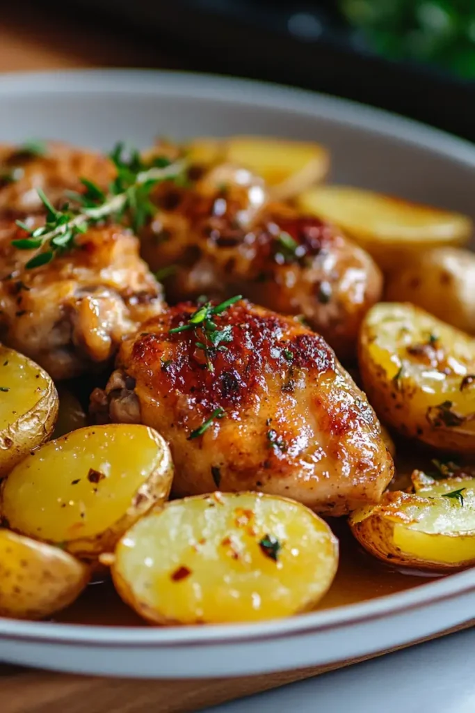 Close-up of crispy potatoes and juicy garlic butter chicken in skillet