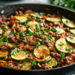 Ground beef zucchini skillet served in a rustic pan with herbs on top