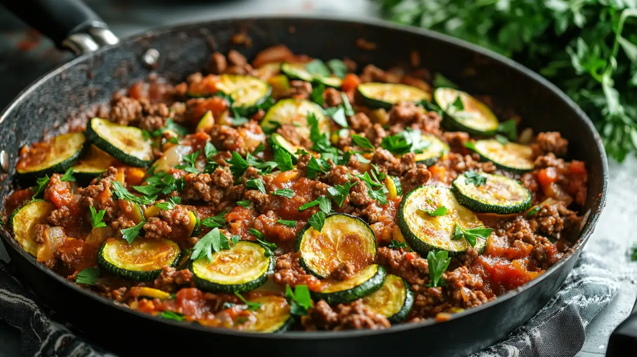 Ground beef zucchini skillet served in a rustic pan with herbs on top