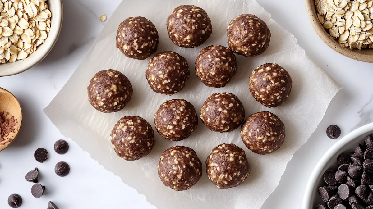 High protein snacks for kids no-bake protein balls plated in a bright modern American kitchen.