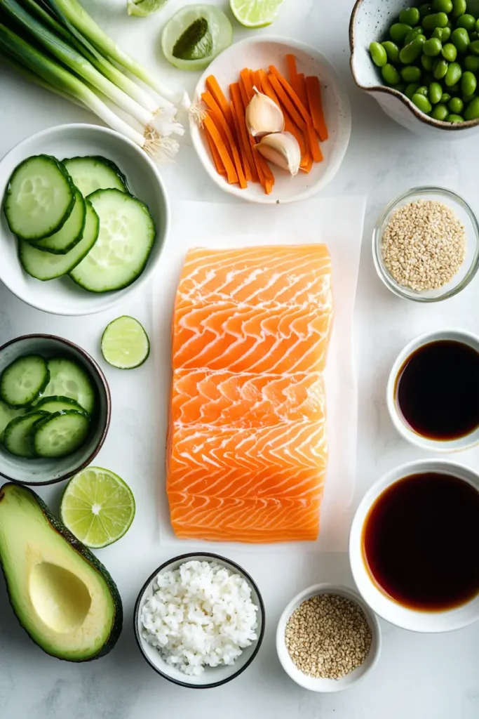 Ingredients for honey garlic salmon bowls arranged neatly on a white kitchen counter