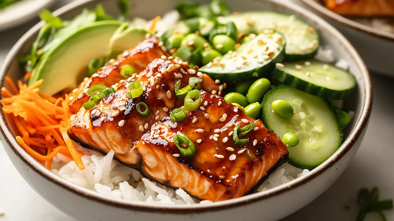 Honey garlic salmon bowls with rice, avocado, cucumber, and sesame seeds in a cozy evening kitchen